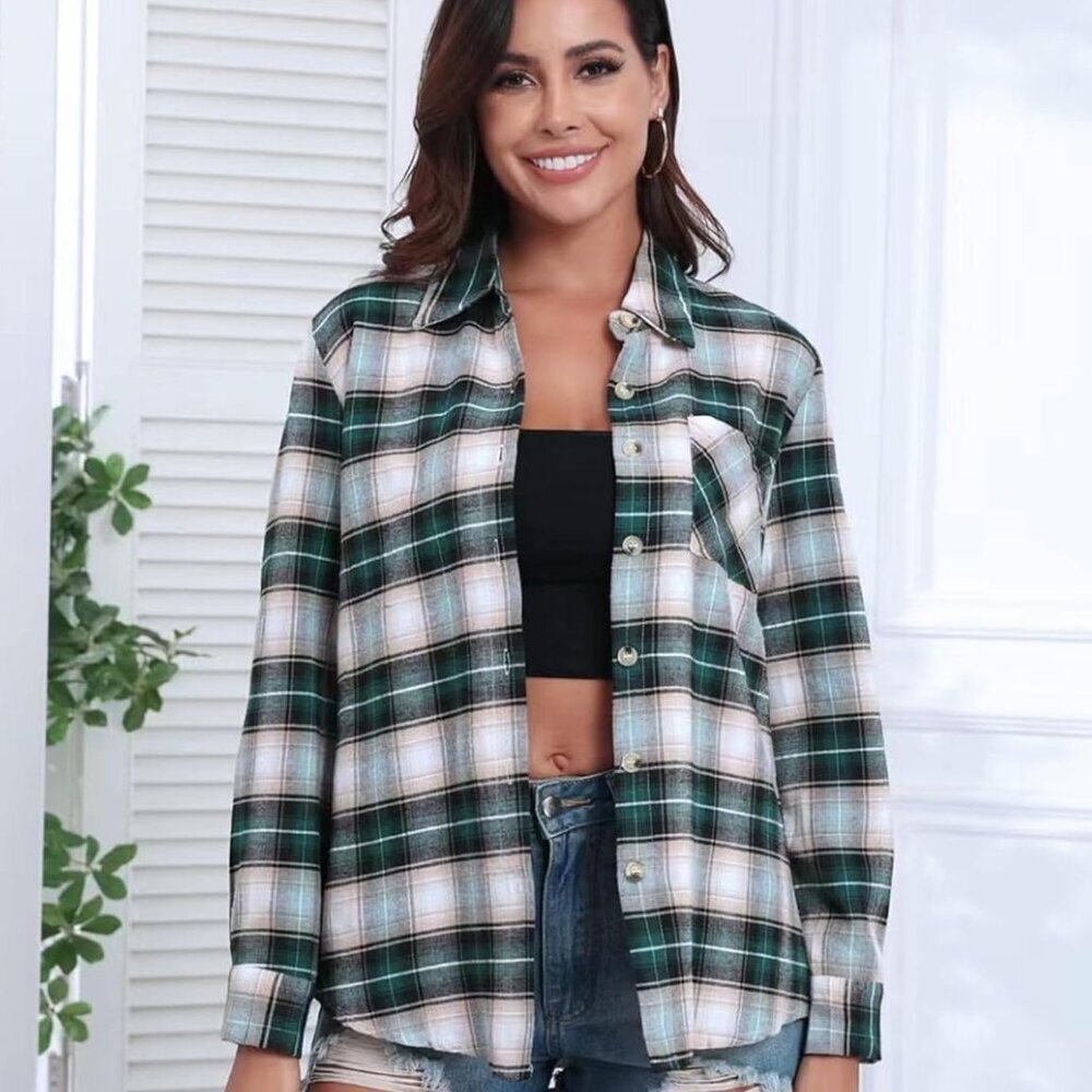 Womens Plaid Shirts Cotton Classic Long Sleeve Button Down Collared Casual Tops - Picture 2 of 6